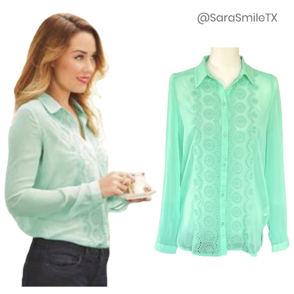 LC LAUREN CONRAD Mint Green Embroidered Lightweight Long Sleeve Top NWOT